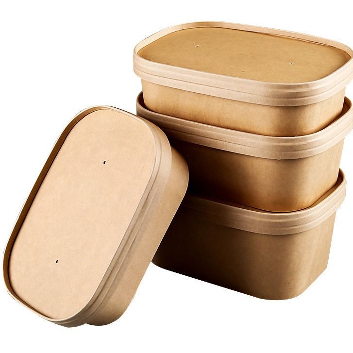 Cuadro personalizado con cubierta para impresión, cuenco de ensaladas Kraft polivalente caja de papel rectangular, tanto cubierta de papel como de
